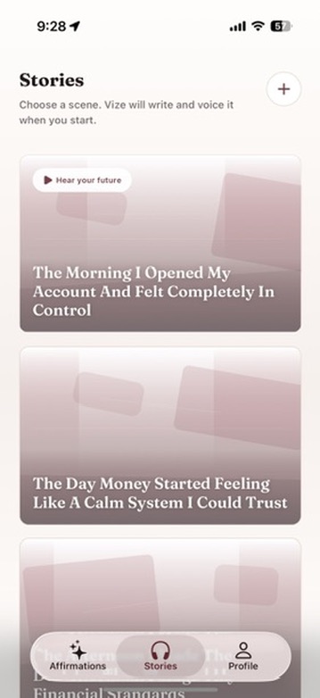 Vize stories screen with future-self scenes ready to play.