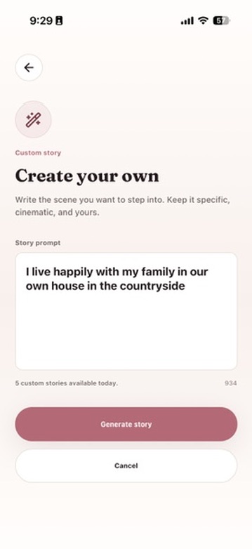 Vize custom story screen where you write the scene you want to step into.