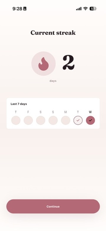 Vize current streak screen showing a two-day streak and the last seven days.